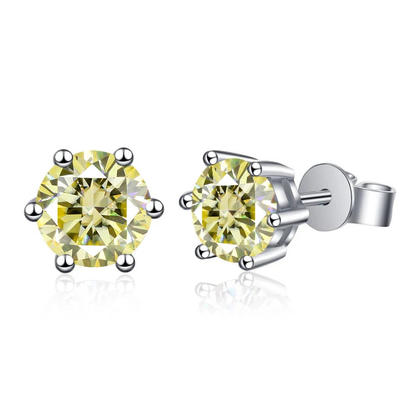 Colored Six-Prong Moissanite Stud Earrings in Sterling Silver - Lemon yellow stones