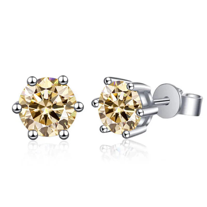 Colored Six-Prong Moissanite Stud Earrings in Sterling Silver - Light yellow stones