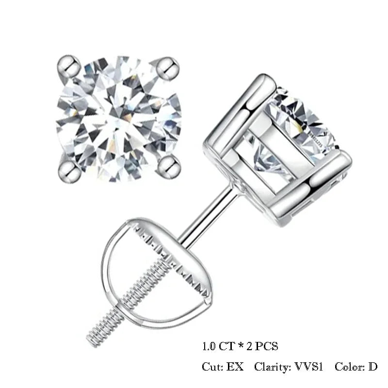 Round & Square Moissanite Screw-Back Stud Earrings in Silver — Round silver 1.0CT option