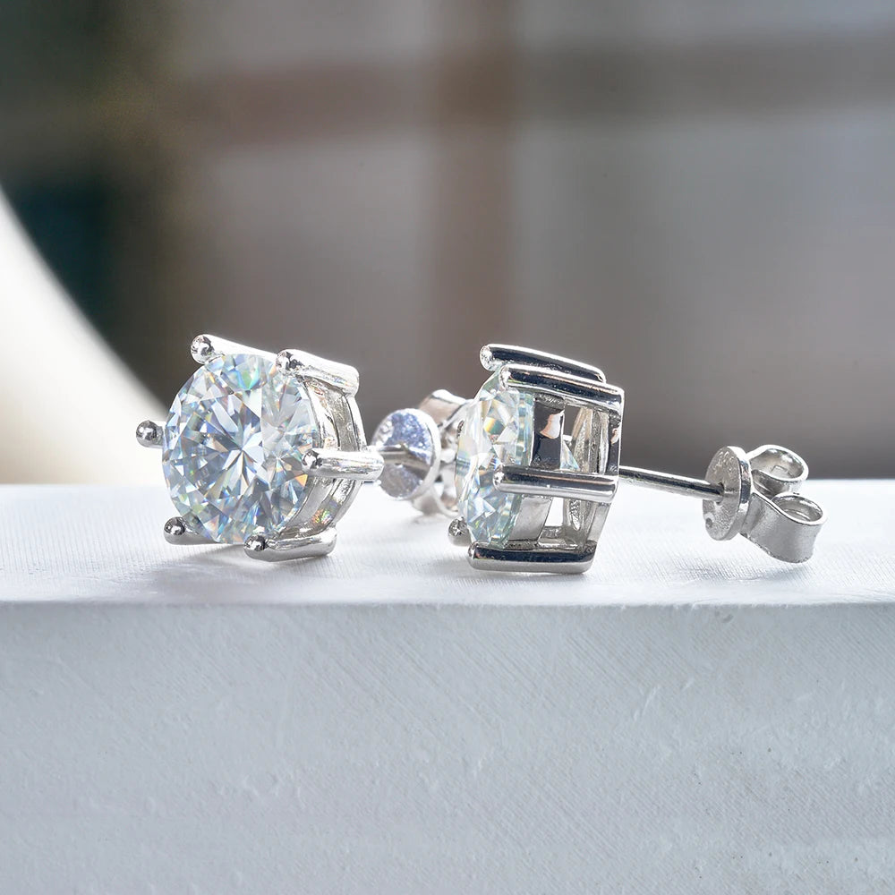 Colored Six-Prong Moissanite Stud Earrings in Sterling Silver - White solitaire pair