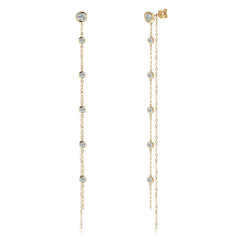 Long Moissanite Station Chain Earrings in Sterling Silver — Gold-Tone layered station chains