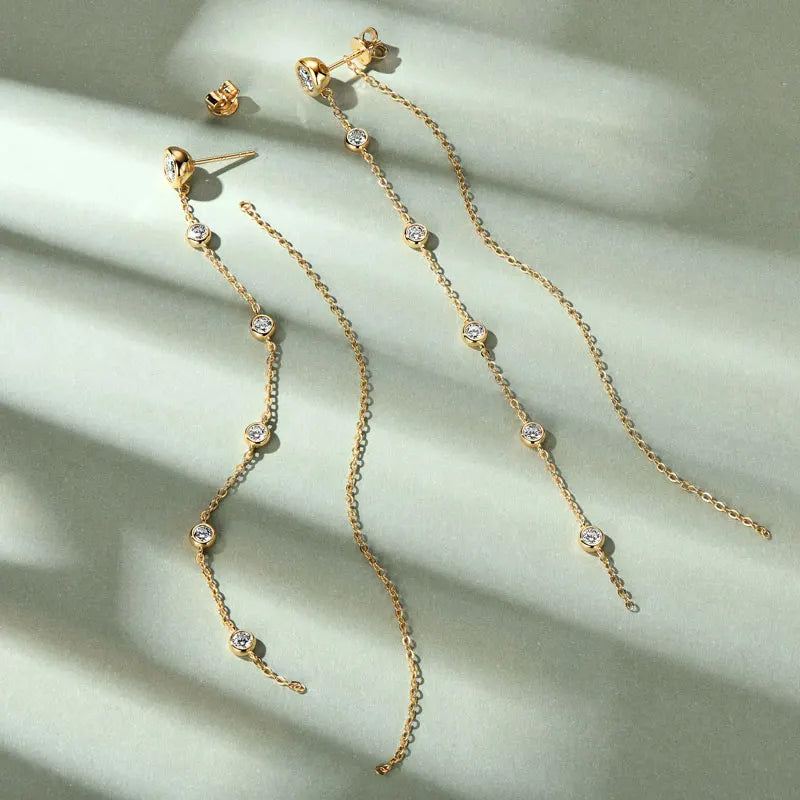 Long Moissanite Station Chain Earrings in Sterling Silver — Gold-Tone chain earrings