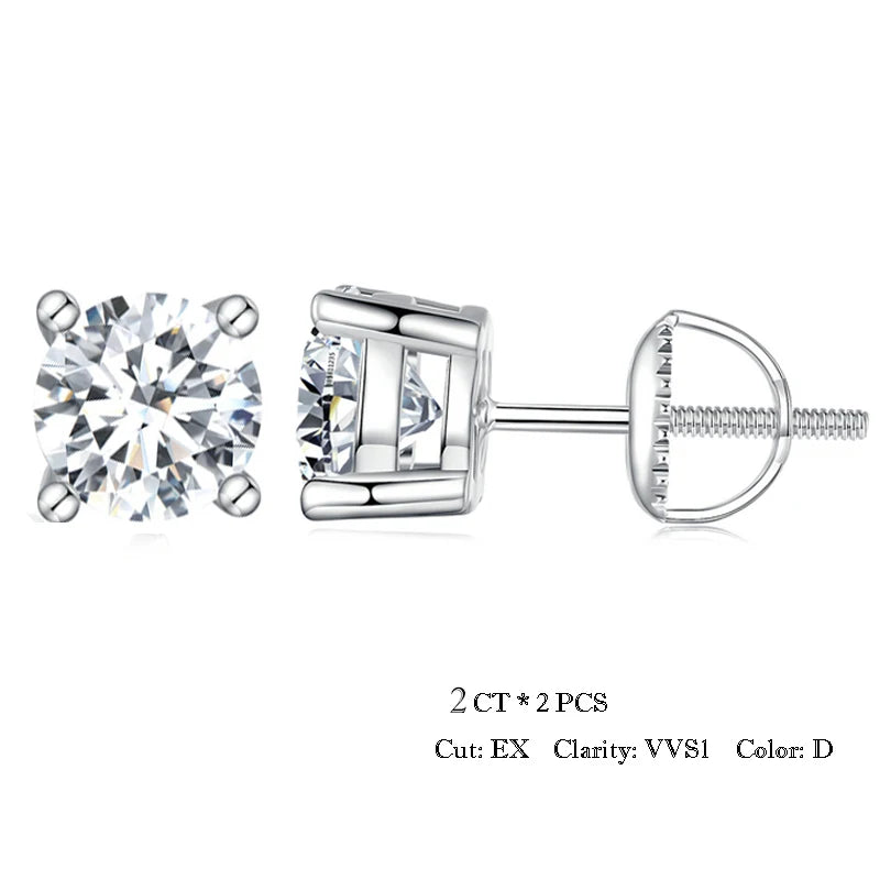 Four-Prong Moissanite Screw-Back Stud Earrings - white stones in silver, 2 ct option