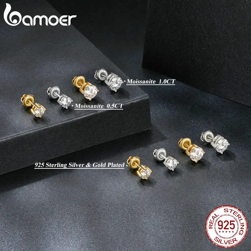 Four-Prong Moissanite Screw-Back Stud Earrings - finish and size comparison