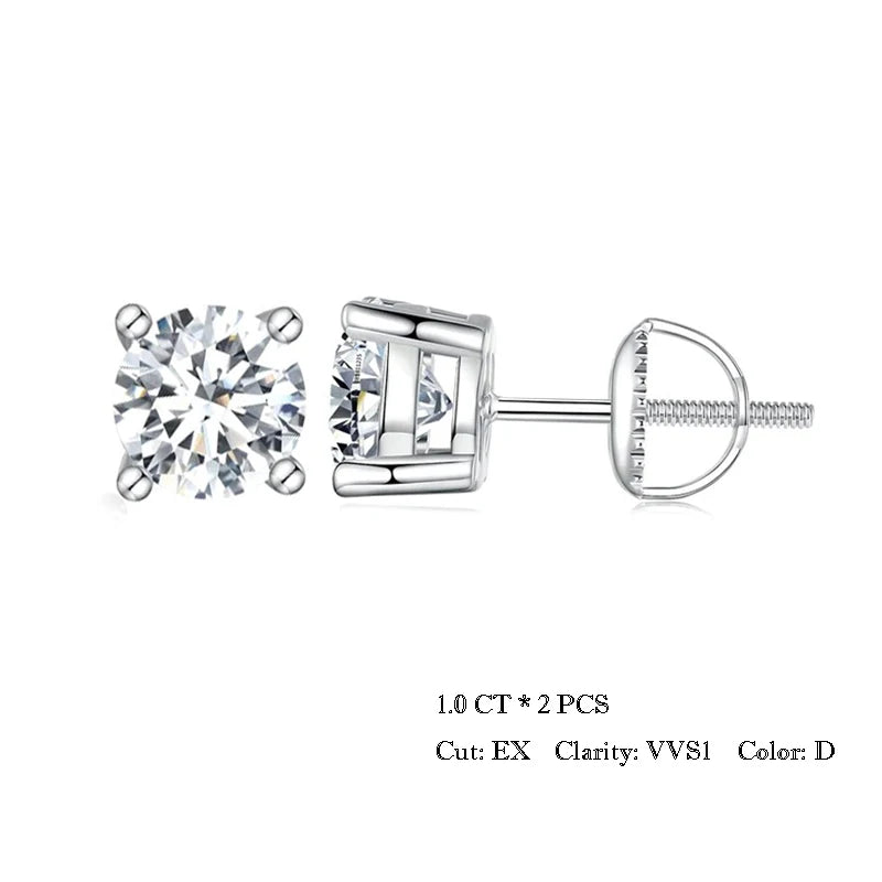 Four-Prong Moissanite Screw-Back Stud Earrings - white stones in silver, 1 ct option