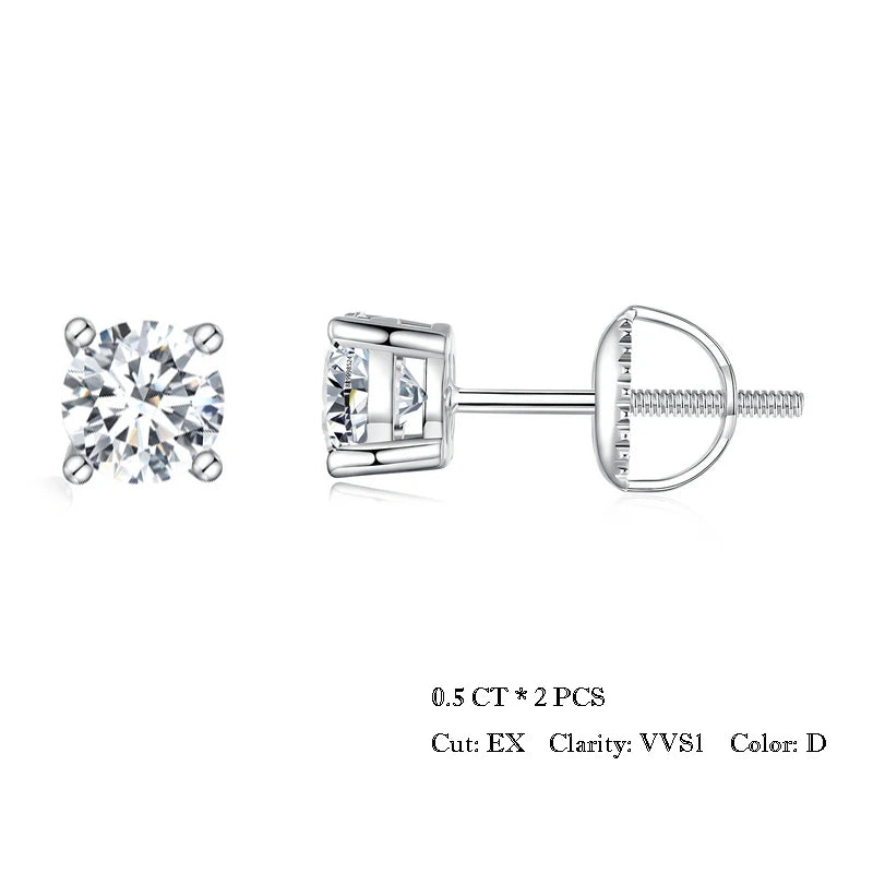 Four-Prong Moissanite Screw-Back Stud Earrings - white stones in silver, 0.5 ct option
