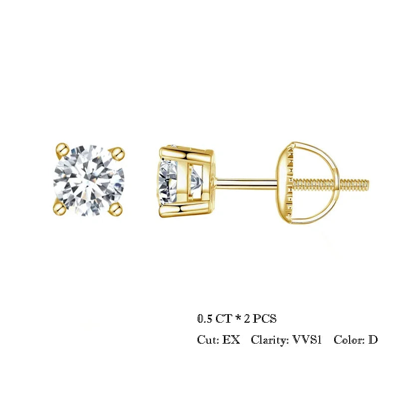Four-Prong Moissanite Screw-Back Stud Earrings - white stones in gold-tone, 0.5 ct option
