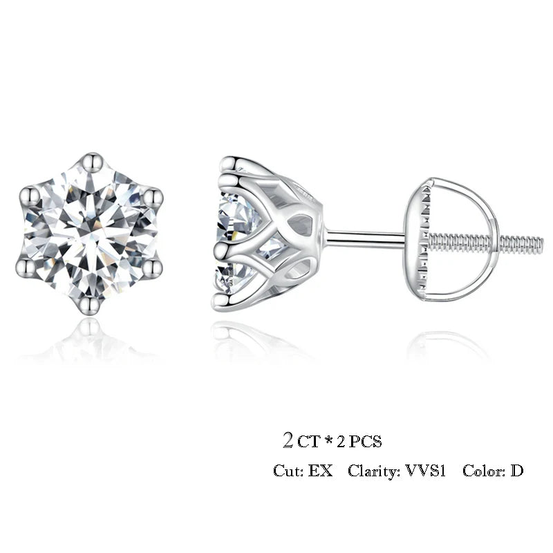 Six-Prong Moissanite Screw-Back Stud Earrings in Silver - Silver 2.0 ct option
