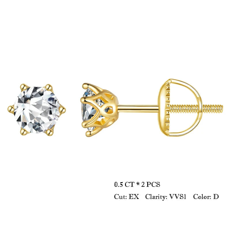 Six-Prong Moissanite Screw-Back Stud Earrings in Silver - Gold-tone 0.5 ct option
