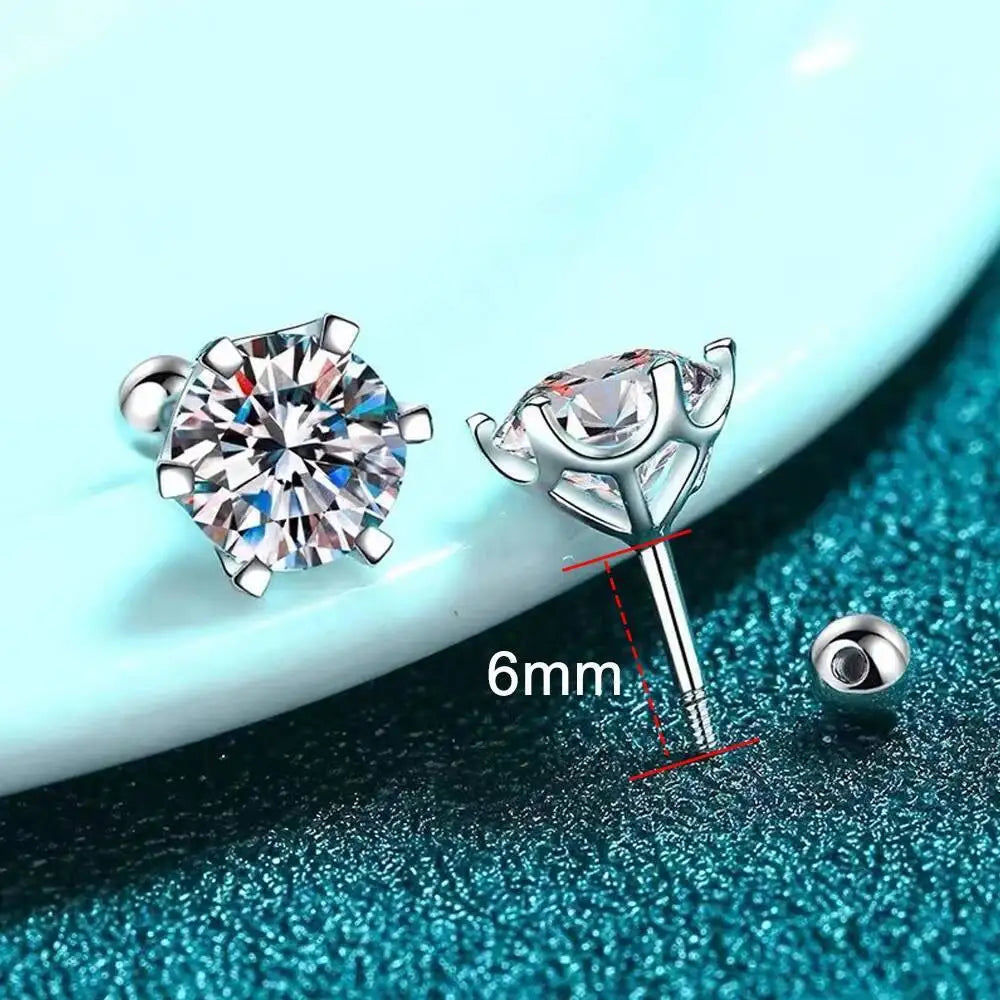 Round Moissanite Ball-Back Stud Earrings in Sterling Silver — 6mm post length and removable ball back