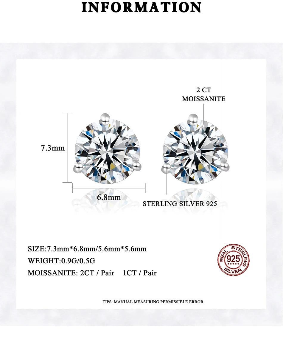 Three-Prong Round Moissanite Stud Earrings in Silver — Measurements and pair weight guide