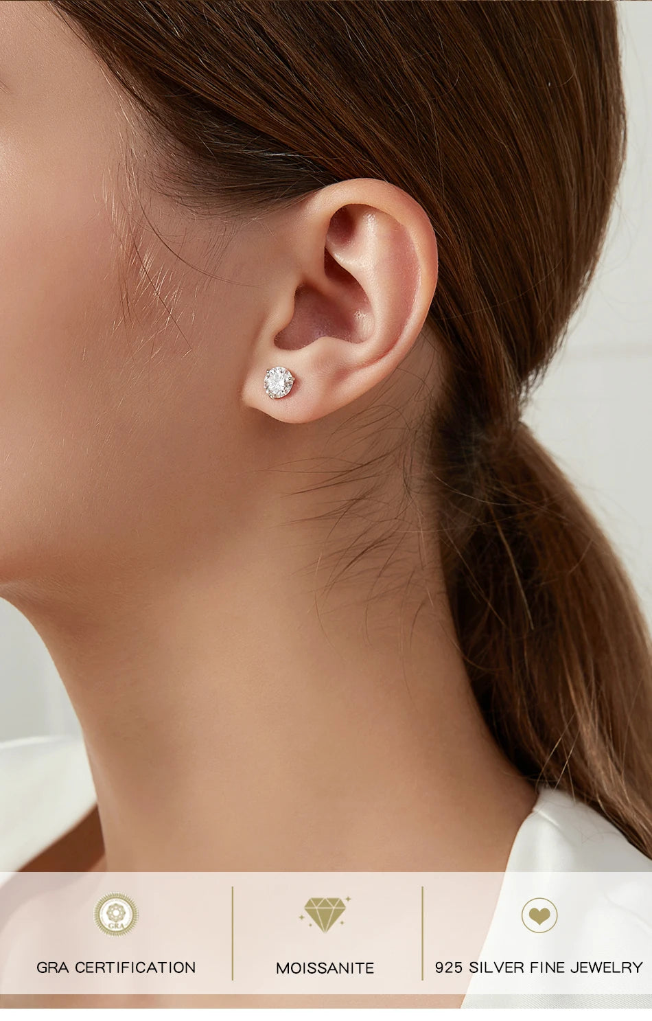 Three-Prong Round Moissanite Stud Earrings in Silver — Solitaire stud worn