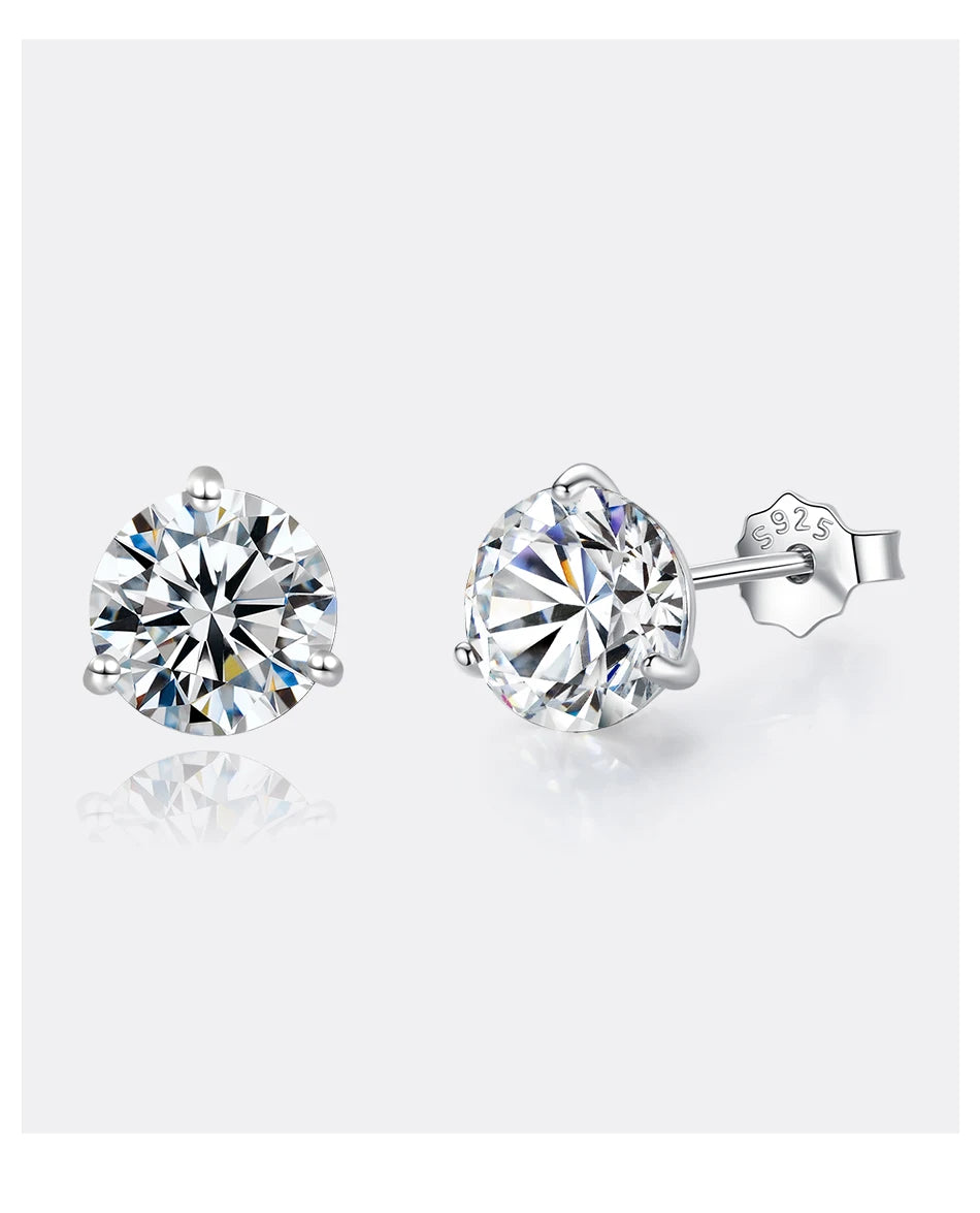Three-Prong Round Moissanite Stud Earrings in Silver — Pair with posts