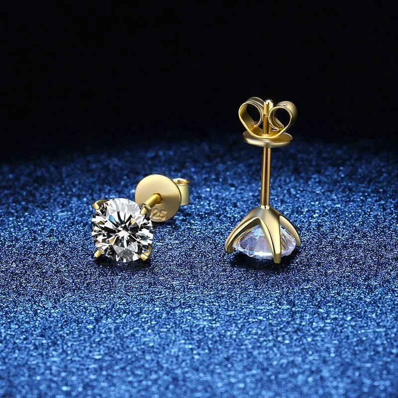 Gold-Tone Moissanite Solitaire Stud Earrings in Silver - Basket and butterfly back