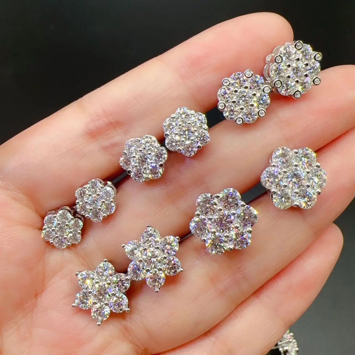 Seven-Stone Flower Moissanite Cluster Stud Earrings — Cluster size comparison