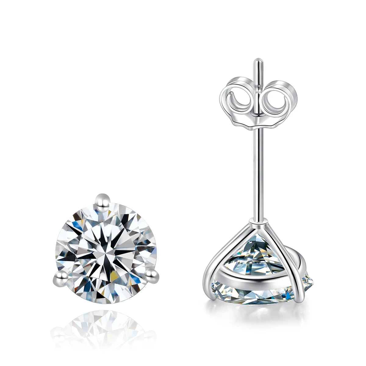 Three-Prong Round Moissanite Stud Earrings in Silver — Three-prong front and side