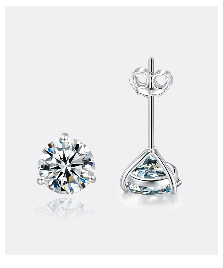 Three-Prong Round Moissanite Stud Earrings in Silver — Three-prong basket side view