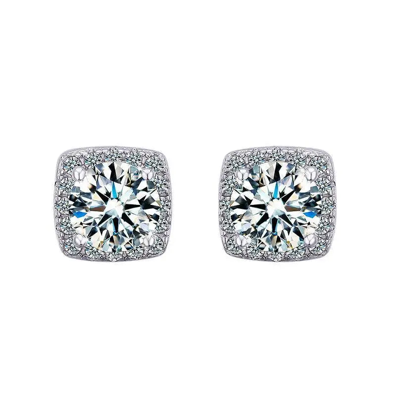 Colored Cushion Halo Moissanite Stud Earrings in Silver — White