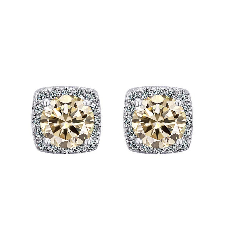 Colored Cushion Halo Moissanite Stud Earrings in Silver — Light yellow