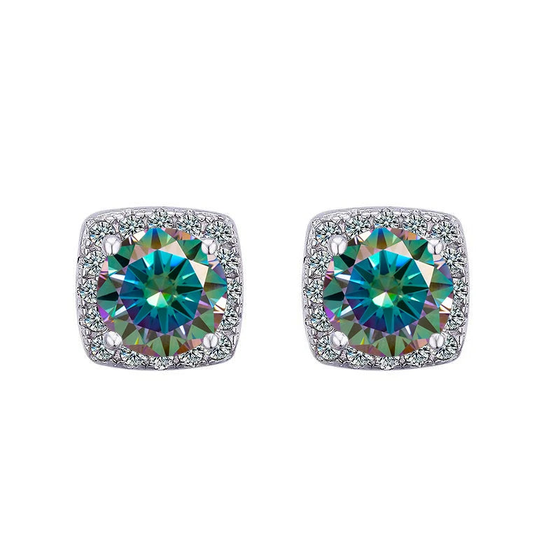Colored Cushion Halo Moissanite Stud Earrings in Silver — Multicolor