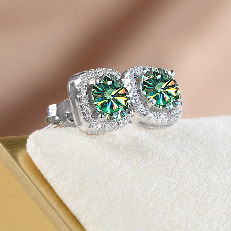 Colored Cushion Halo Moissanite Stud Earrings in Silver — Blue green pair