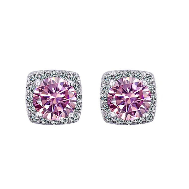 Colored Cushion Halo Moissanite Stud Earrings in Silver — Pink