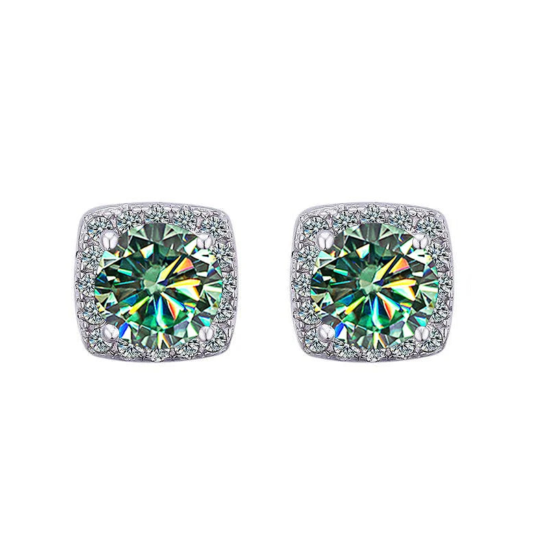 Colored Cushion Halo Moissanite Stud Earrings in Silver — Blue green