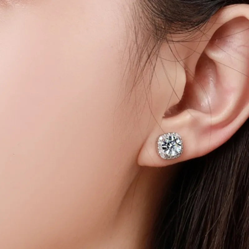 Colored Cushion Halo Moissanite Stud Earrings in Silver — Shown on ear