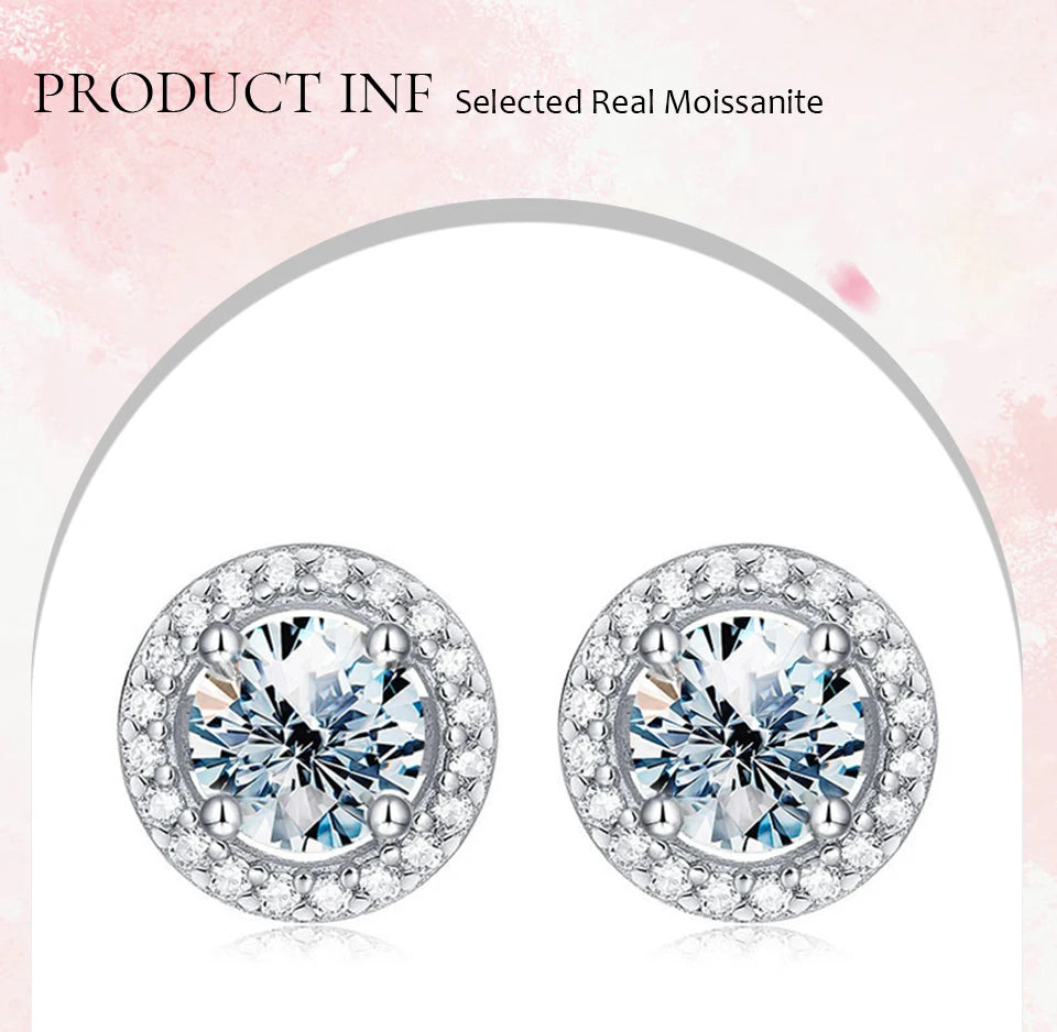 Round Halo Moissanite Stud Earrings in Sterling Silver - Round center and halo detail