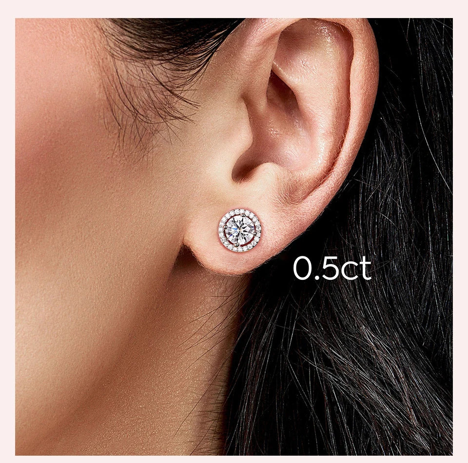 Round Halo Moissanite Stud Earrings in Sterling Silver - 0.5 ct option shown on model