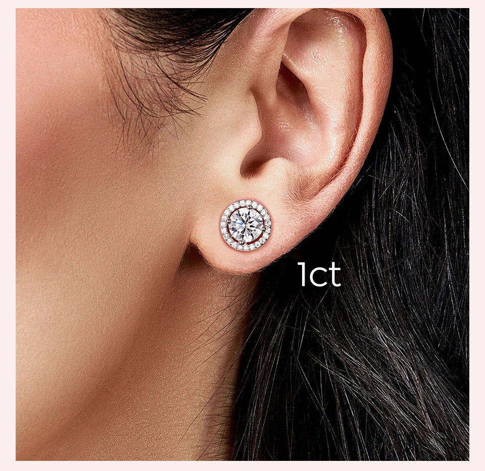 Round Halo Moissanite Stud Earrings in Sterling Silver - 1 ct option shown on model