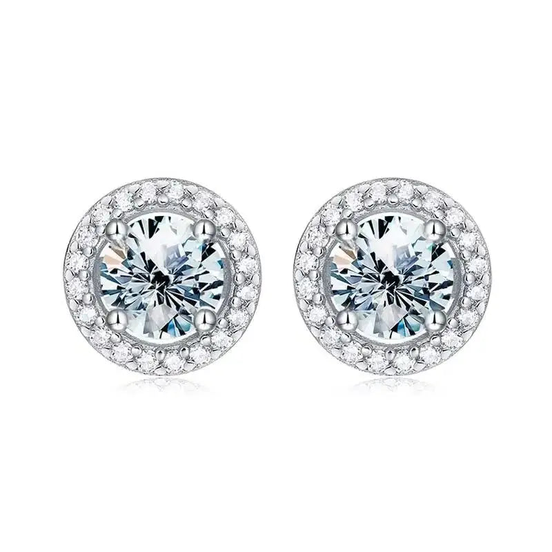 Round Halo Moissanite Stud Earrings in Sterling Silver - Silver halo pair