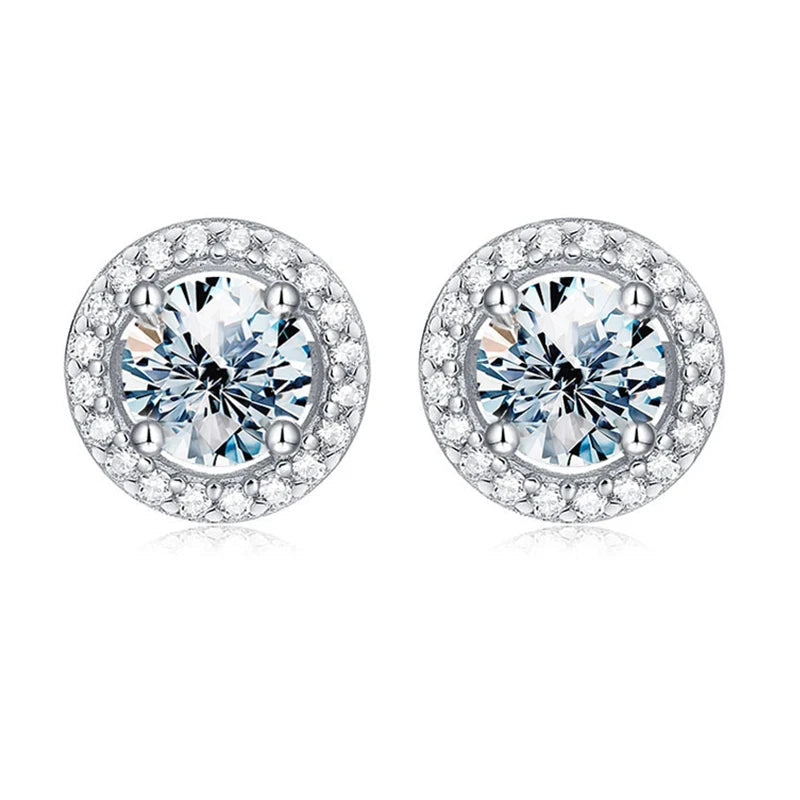 Round Halo Moissanite Stud Earrings in Sterling Silver - Silver halo stud fronts