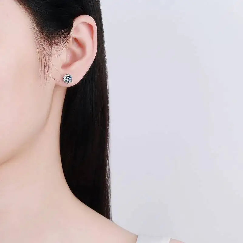 Round Moissanite Ball-Back Stud Earrings in Sterling Silver — Stud worn on the ear