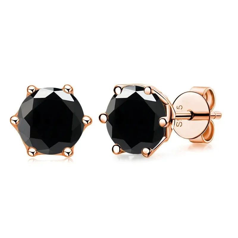 Rose Gold-Tone Colored Moissanite Six-Prong Stud Earrings — Black