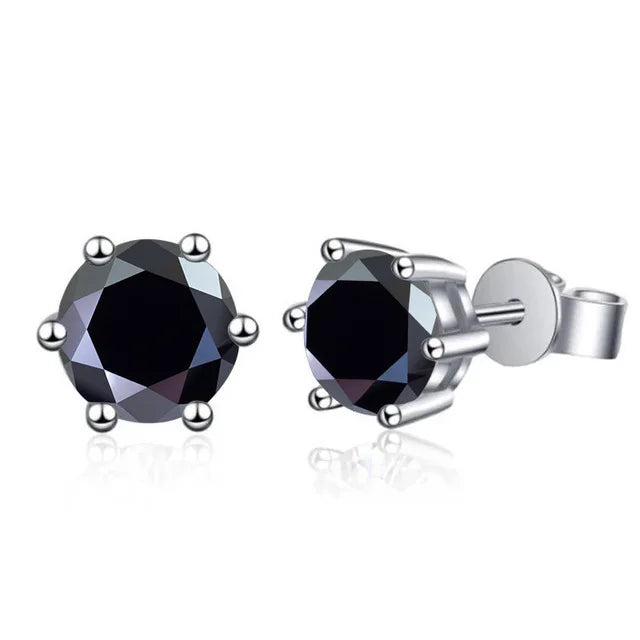 Colored Six-Prong Moissanite Stud Earrings in Sterling Silver - Black stones