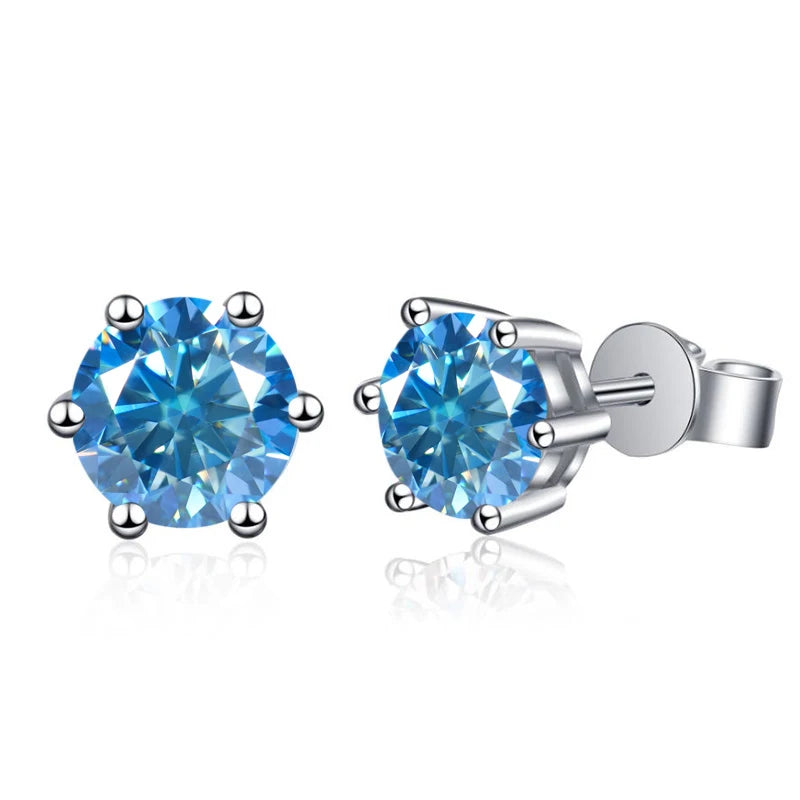 Colored Six-Prong Moissanite Stud Earrings in Sterling Silver — Royal blue