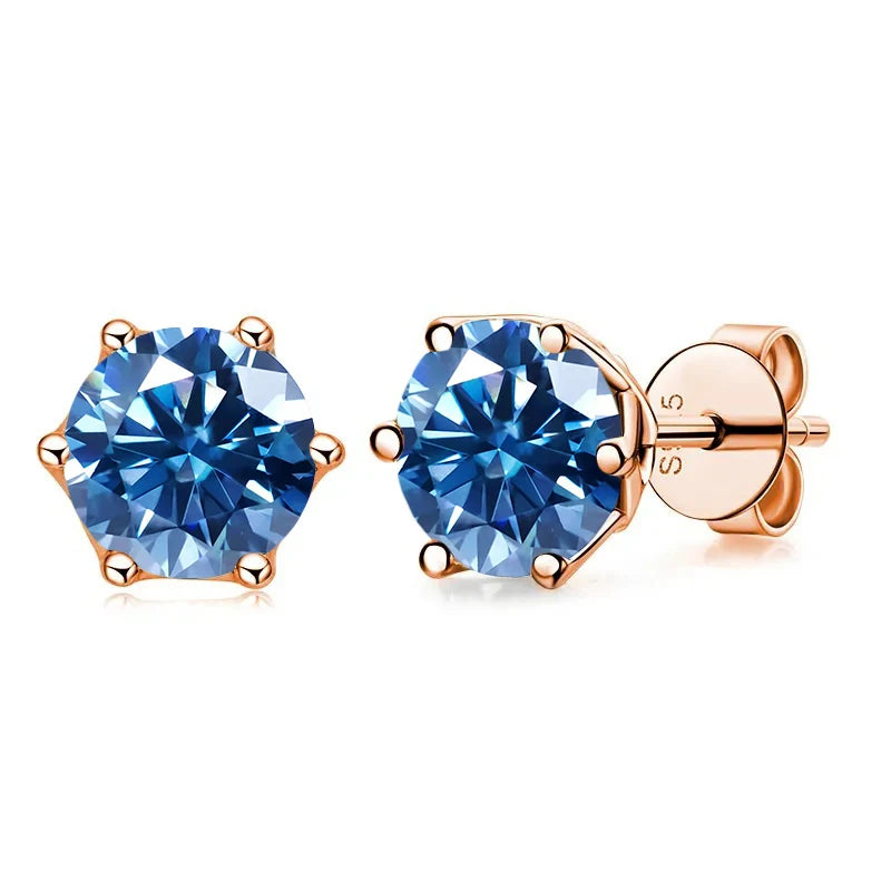 Rose Gold-Tone Colored Moissanite Six-Prong Stud Earrings — Royal blue
