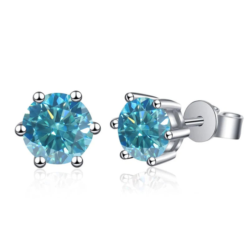Colored Six-Prong Moissanite Stud Earrings in Sterling Silver - Sea blue stones