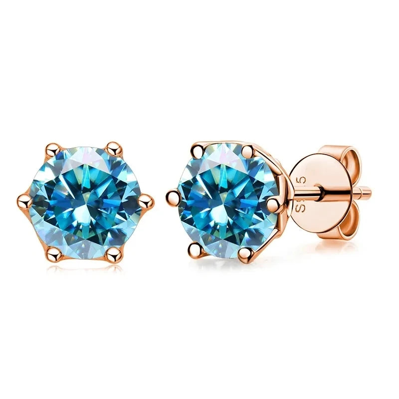 Rose Gold-Tone Colored Moissanite Six-Prong Stud Earrings — Sea blue