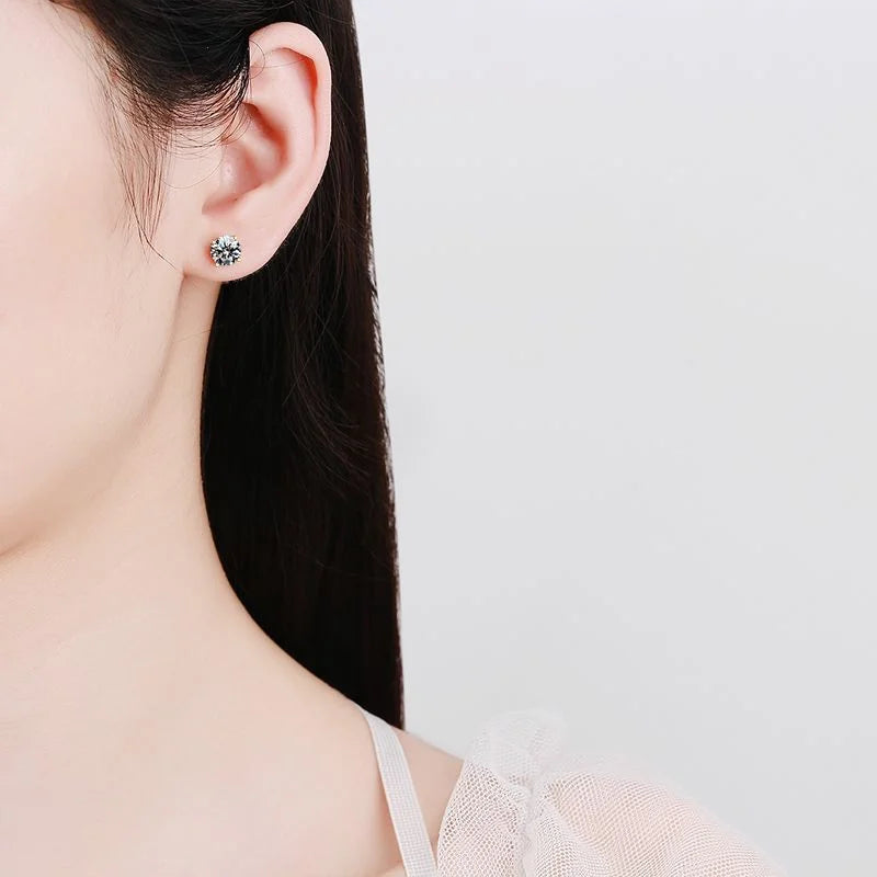 Gold-Tone Moissanite Solitaire Stud Earrings in Silver - Stud earrings shown on model
