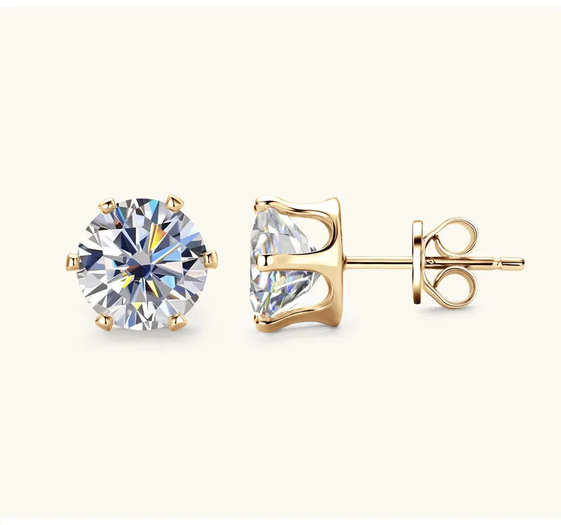 Round Moissanite Solitaire Stud Earrings in Sterling Silver — Gold-tone front and side