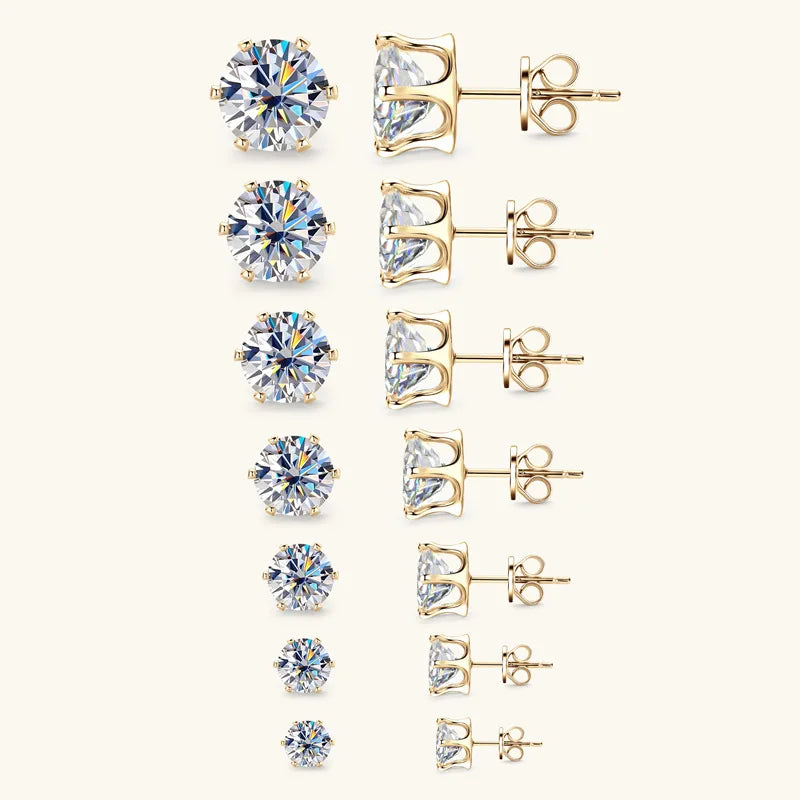 Round Moissanite Solitaire Stud Earrings in Sterling Silver — Gold-tone size comparison