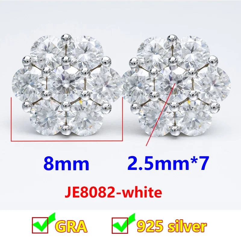 Seven-Stone Flower Moissanite Cluster Stud Earrings — Silver 8 mm cluster guide