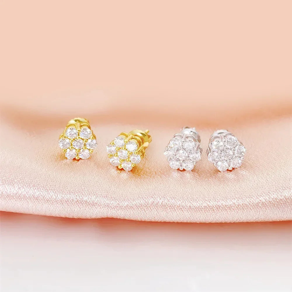 Seven-Stone Flower Moissanite Cluster Stud Earrings — Gold-tone and silver studs