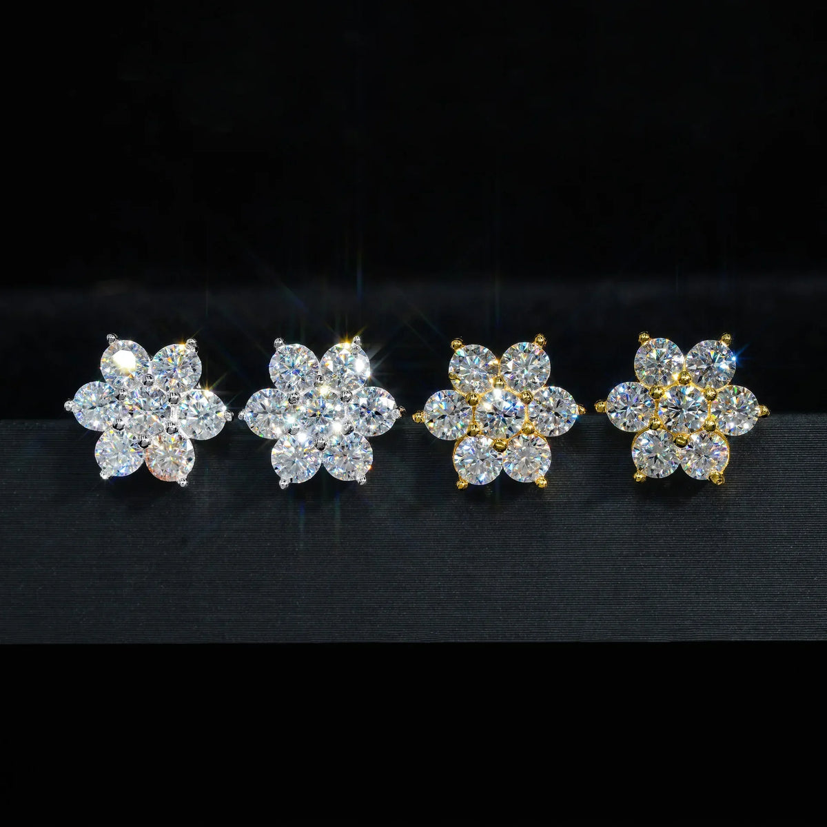 Seven-Stone Flower Moissanite Cluster Stud Earrings — Silver and gold-tone flower comparison
