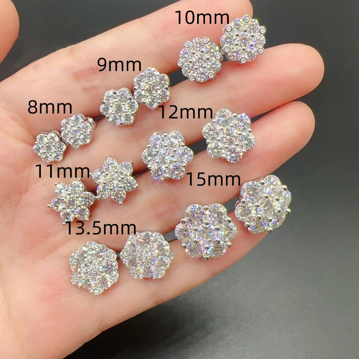 Seven-Stone Flower Moissanite Cluster Stud Earrings — Flower size comparison