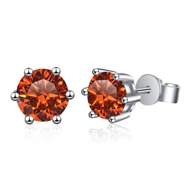 Colored Six-Prong Moissanite Stud Earrings in Sterling Silver - Orange stones