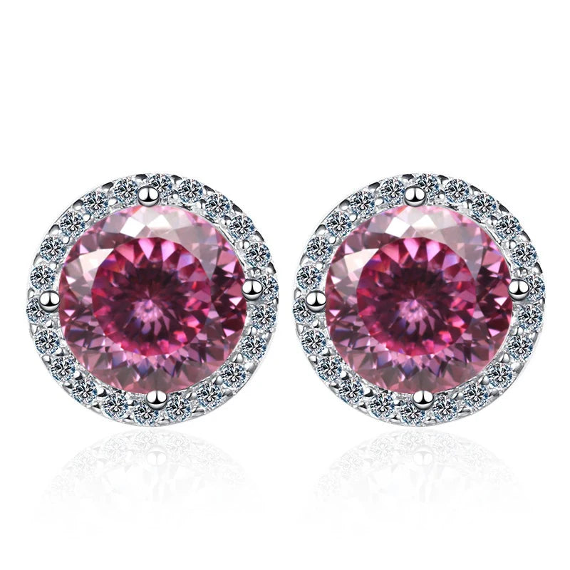 Colored Round Halo Moissanite Stud Earrings in Silver - Pink 100 Series centers