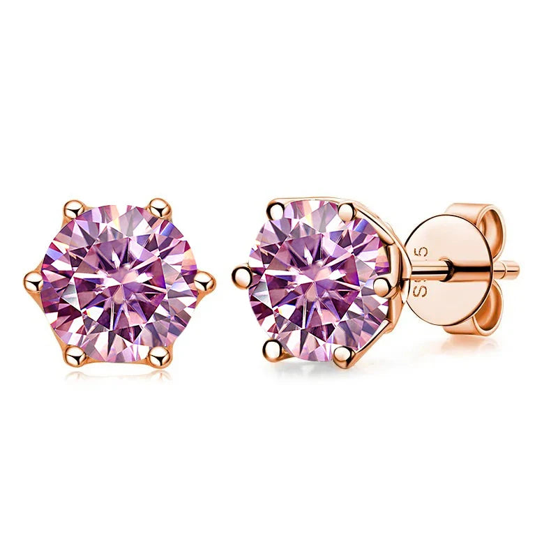 Rose Gold-Tone Colored Moissanite Six-Prong Stud Earrings — Pink